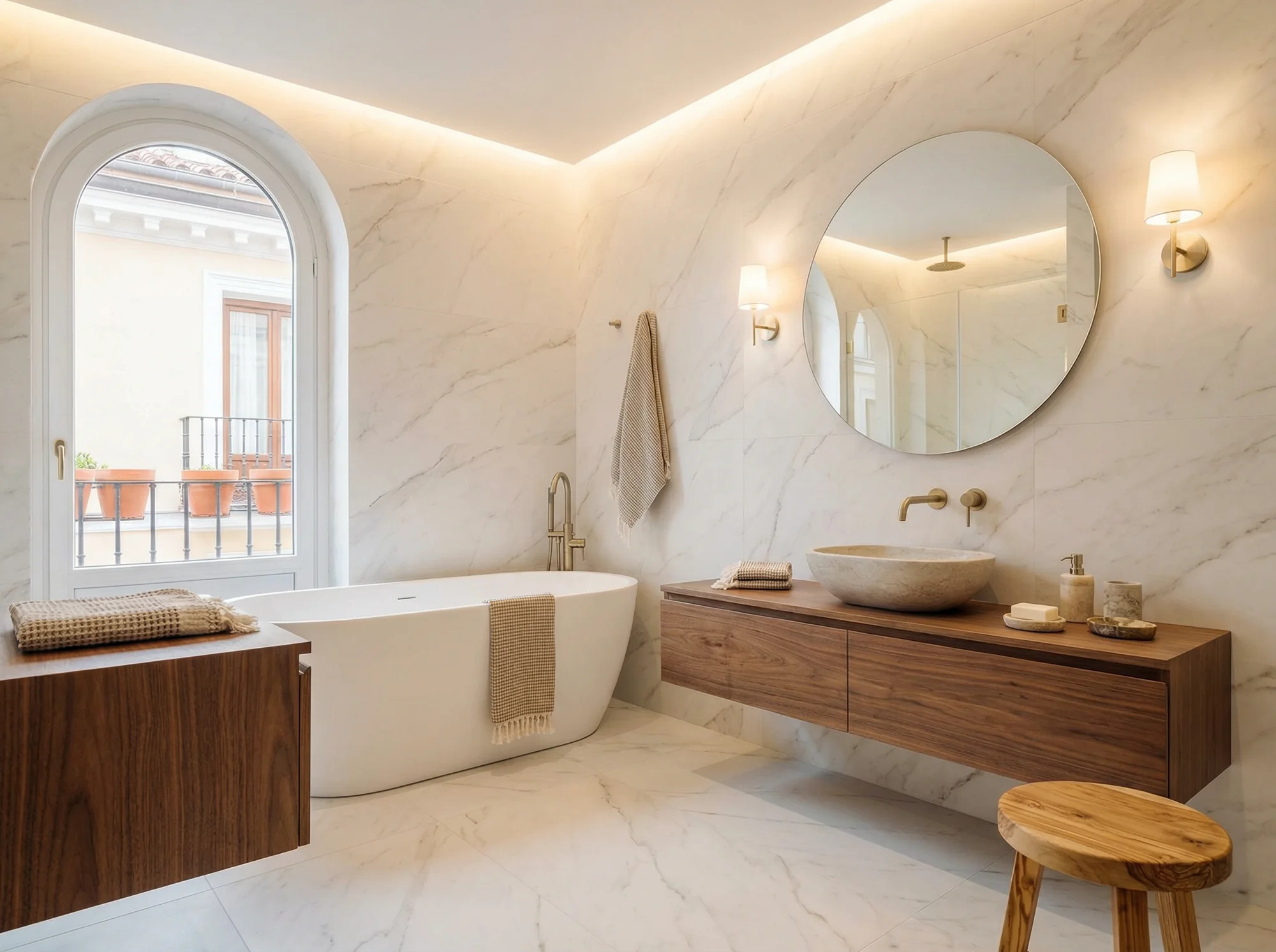 Baño con bañera y mobiliario de madera